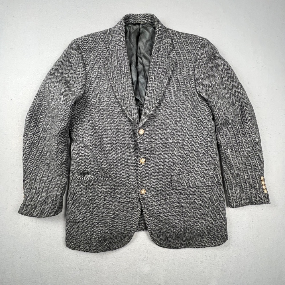 Vintage Harris Tweed Blazer Mens 42 Grey Herringbone Wool Sport Coat Seinsheimer